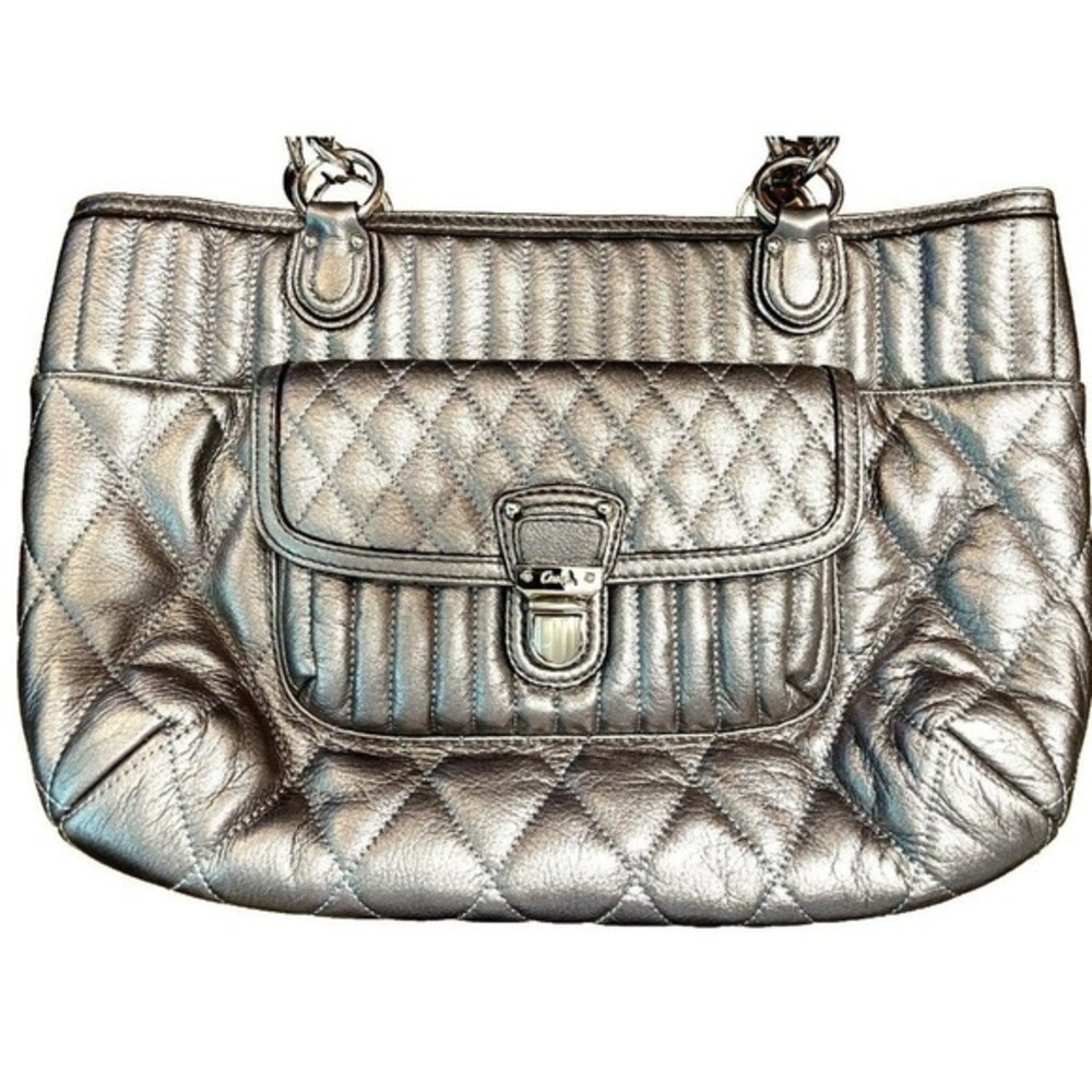 Coach C1293 19857 Quilted Leather Shopper Tote Purse Silver Anthracite Metallic - Picture 12 of 15